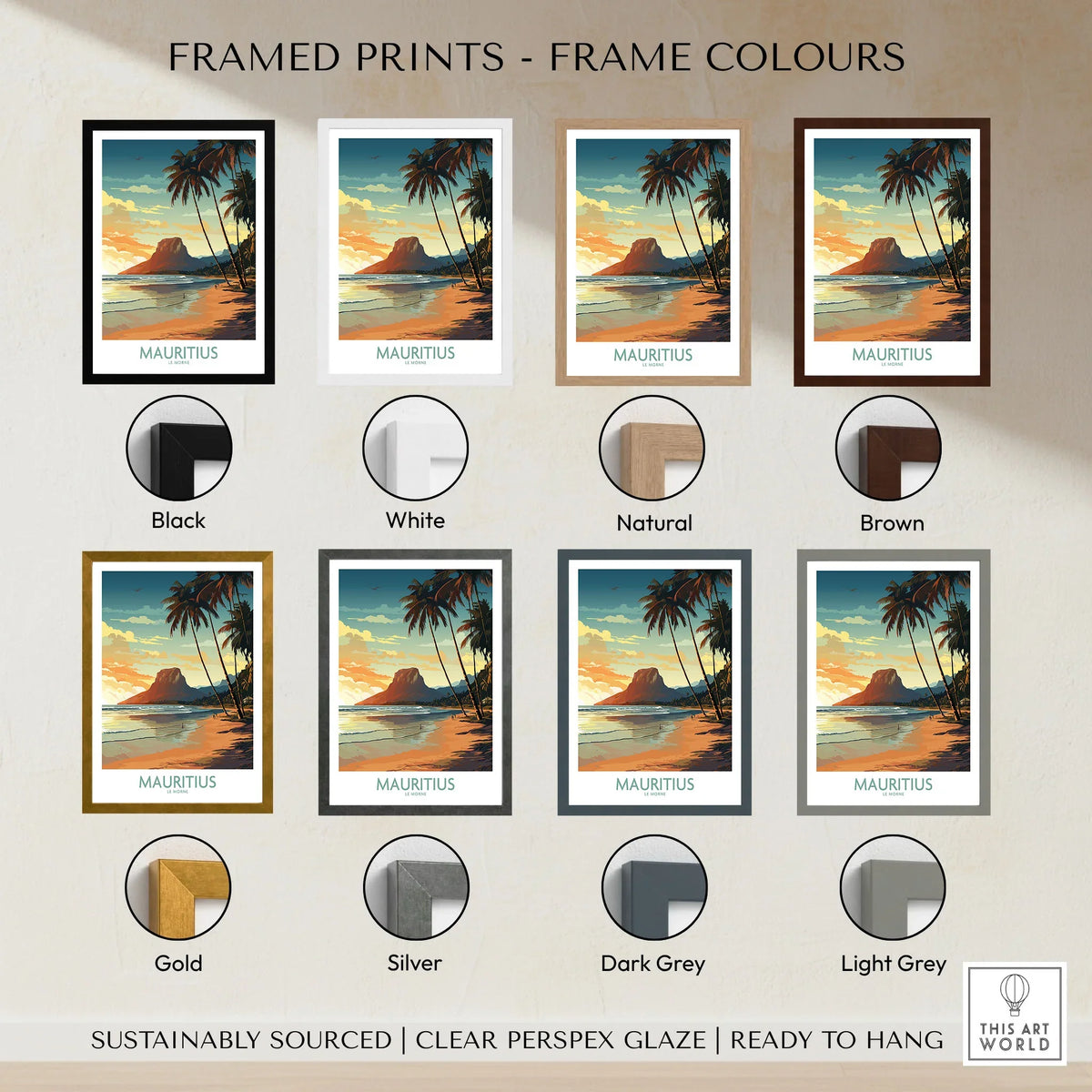 Mauritius Le Morne Print framed print frame colour options: black, white, natural, brown, gold, silver, dark grey and light grey