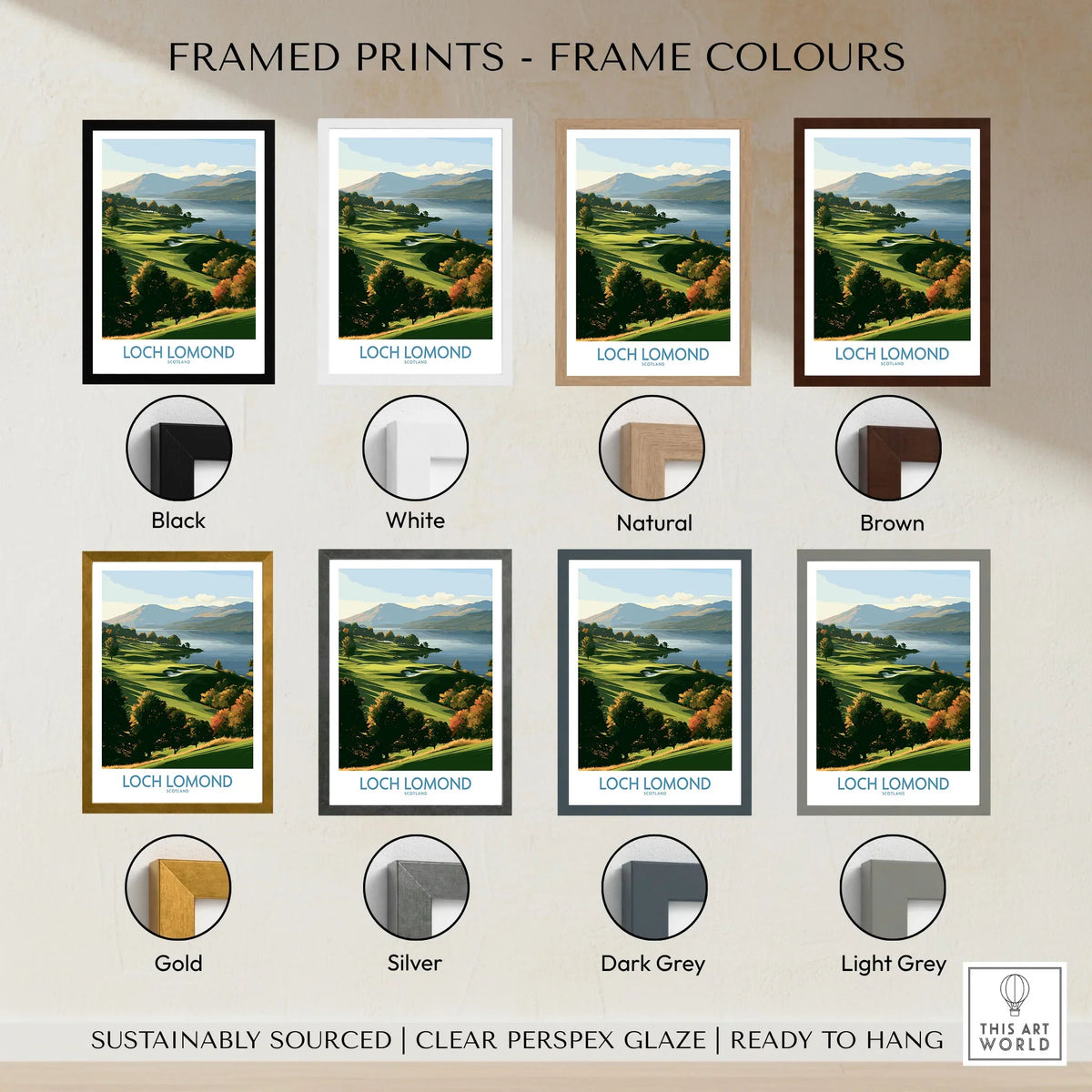 Loch Lomond Scotland Highland View Wall Art — autumn slopes rolling down to Loch Lomond with Highland hills beyond, shown as framed print colour options