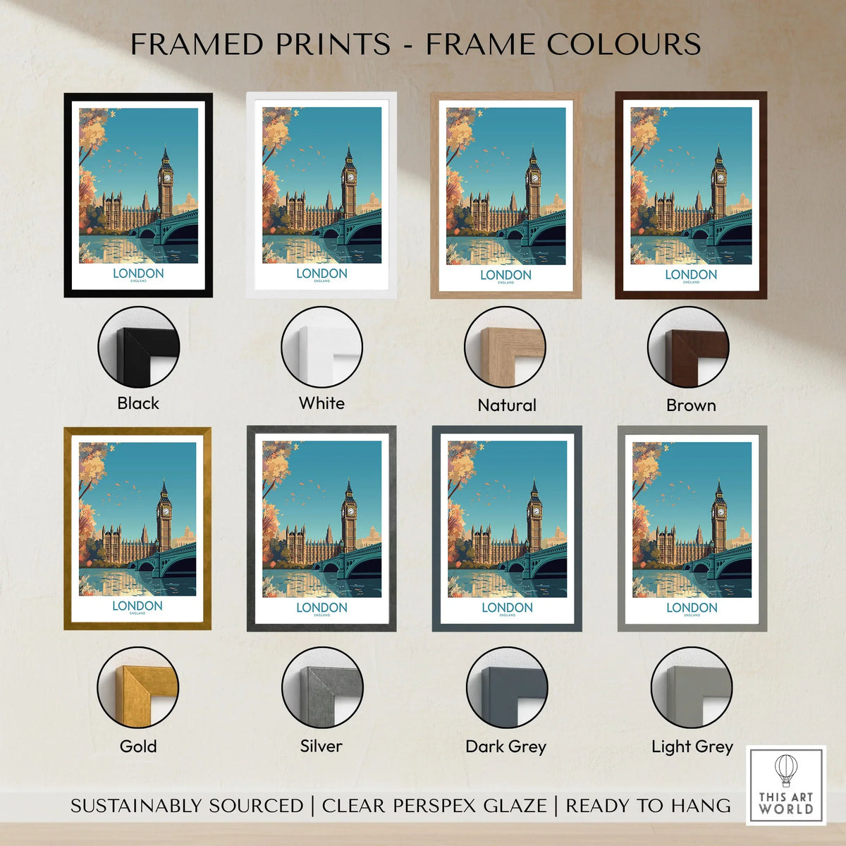 London Big Ben Wall Art | Modern Style framed print frame colour options: black, white, natural, brown, gold, silver, dark grey and light grey