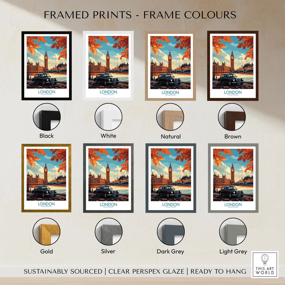 London Wall Art Print - Modern framed print frame colour options: black, white, natural, brown, gold, silver, dark grey and light grey