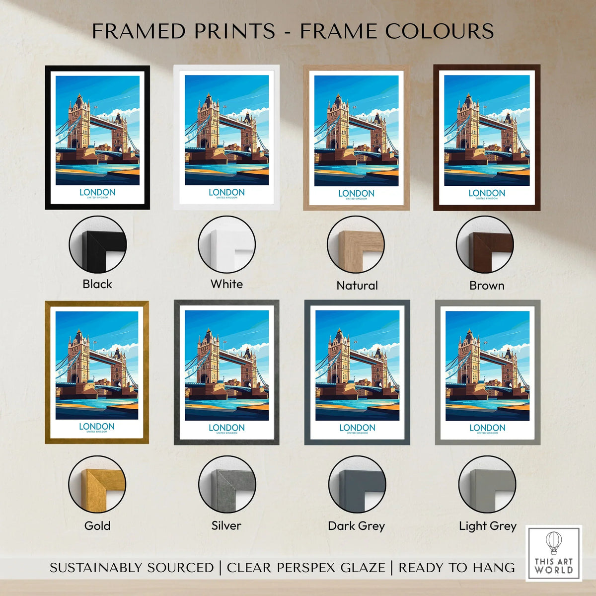 London Poster England framed print frame colour options: black, white, natural, brown, gold, silver, dark grey and light grey