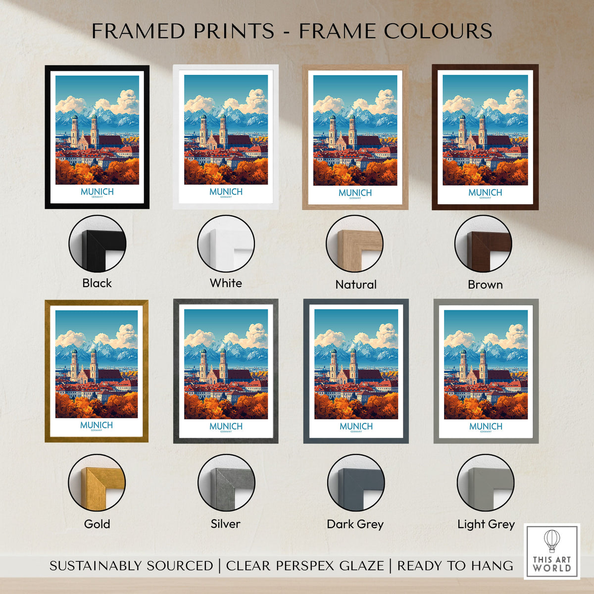 Munich Travel Poster framed print frame colour options: black, white, natural, brown, gold, silver, dark grey and light grey