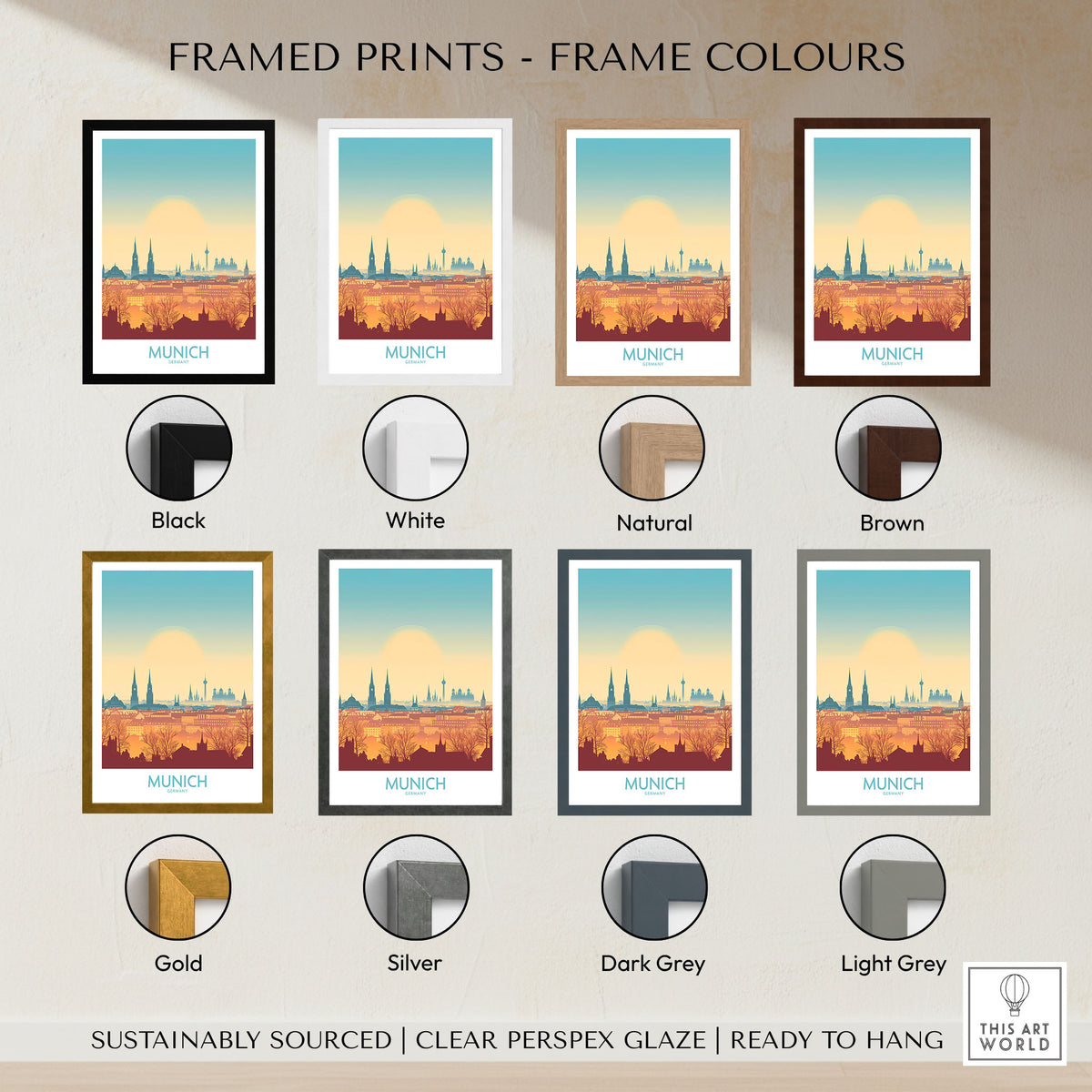 Munich Print Germany framed print frame colour options: black, white, natural, brown, gold, silver, dark grey and light grey