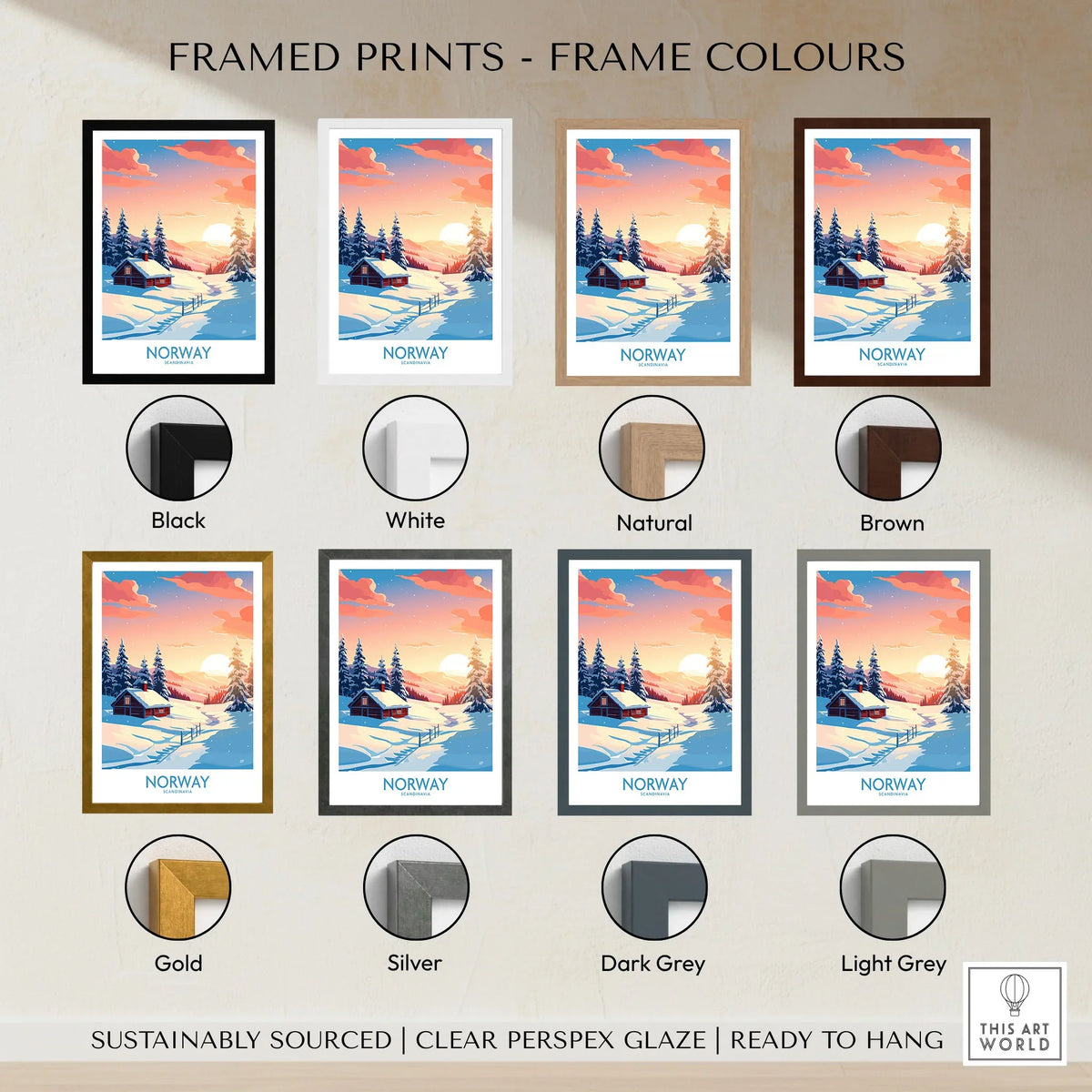 Norway Poster Print framed print frame colour options: black, white, natural, brown, gold, silver, dark grey and light grey