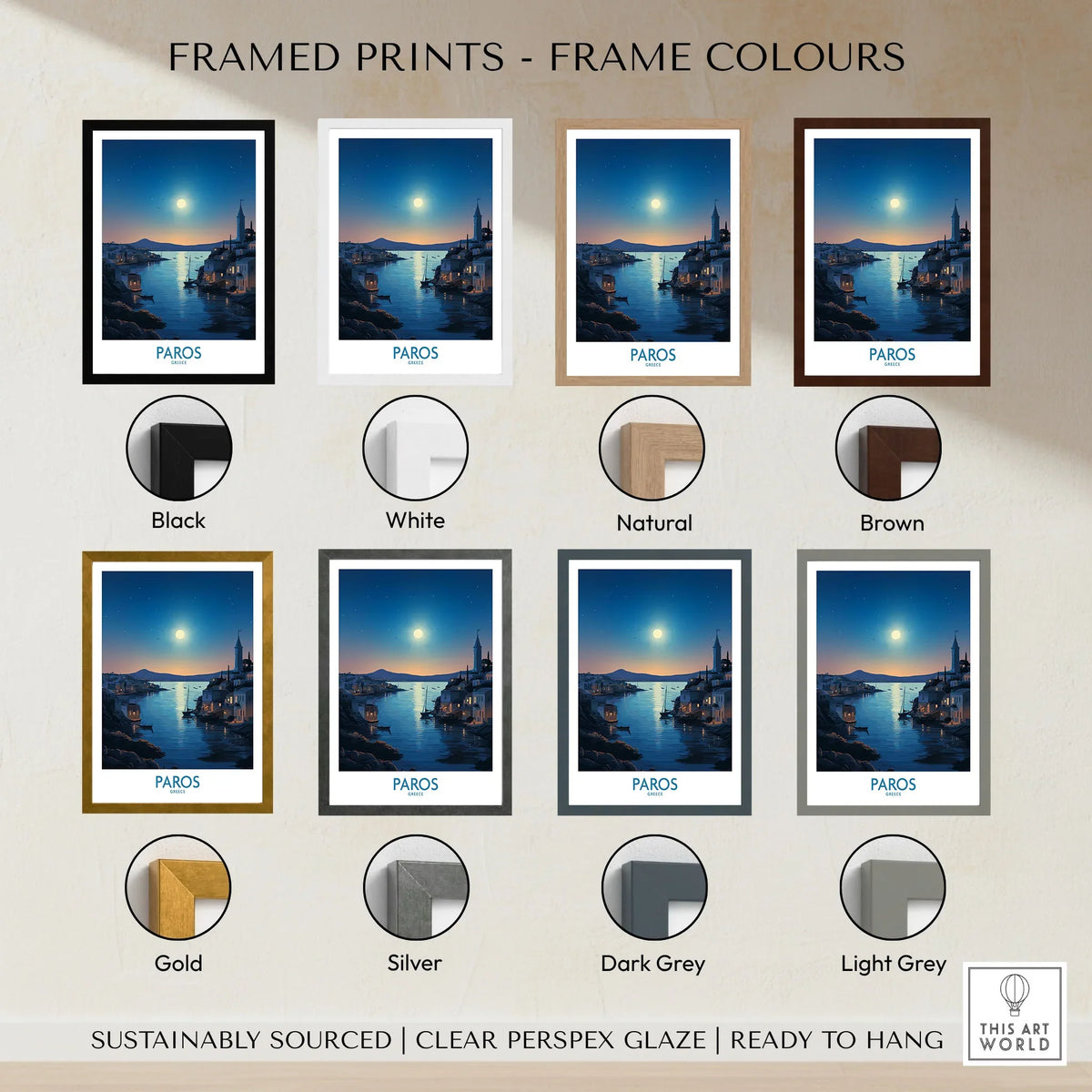 Paros Poster Greece framed print frame colour options: black, white, natural, brown, gold, silver, dark grey and light grey