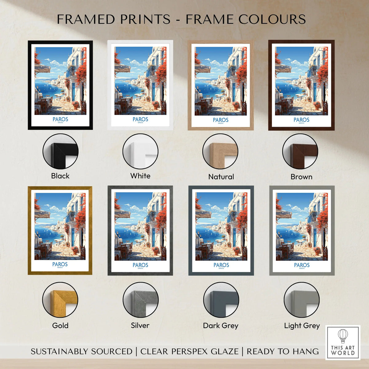 Paros Wall Art Greece framed print frame colour options: black, white, natural, brown, gold, silver, dark grey and light grey