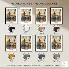 Prague Travel Poster framed print frame colour options: black, white, natural, brown, gold, silver, dark grey and light grey