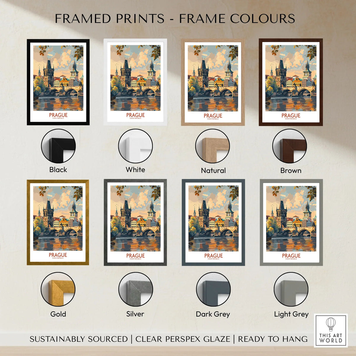 Prague Travel Poster framed print frame colour options: black, white, natural, brown, gold, silver, dark grey and light grey