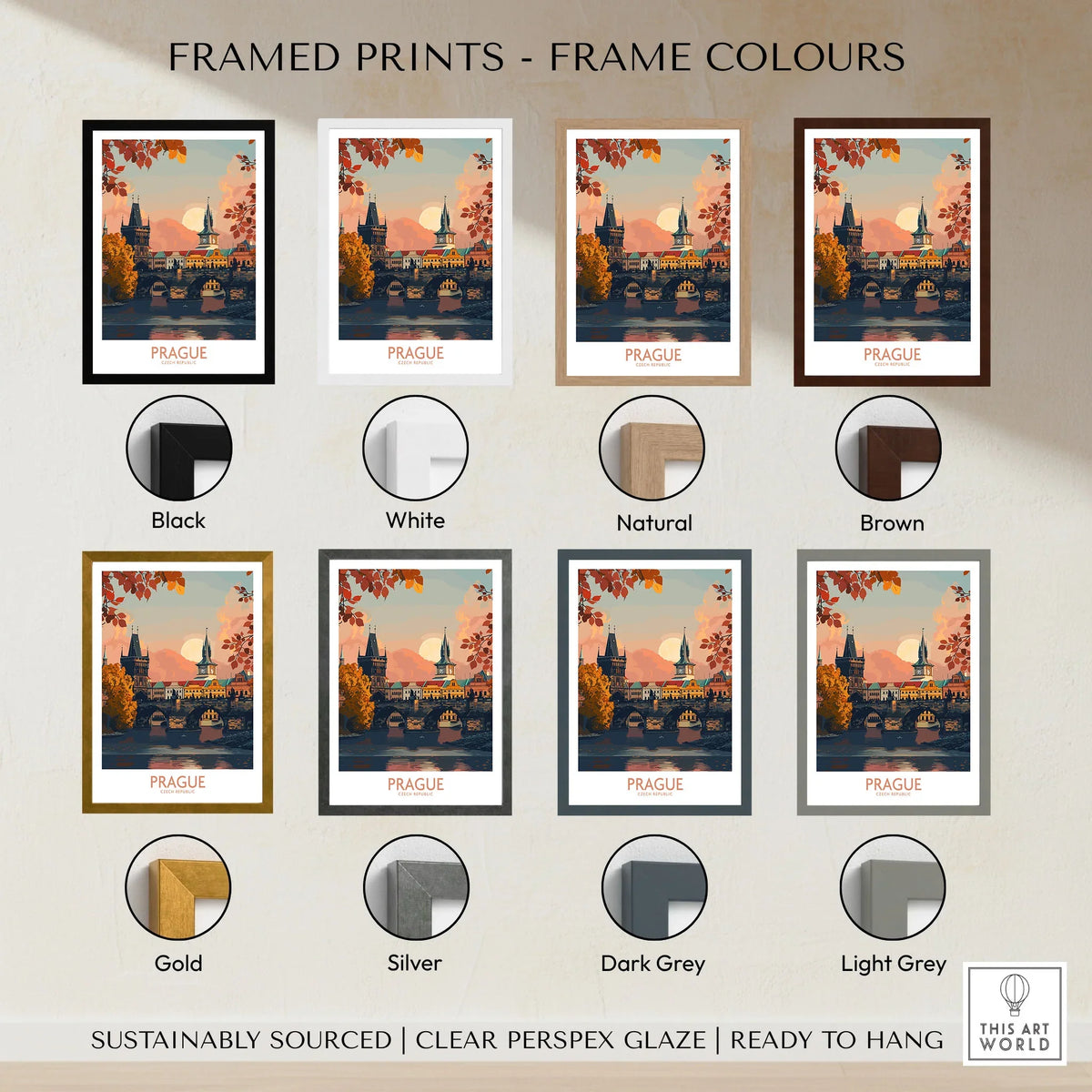 Prague Travel Print framed print frame colour options: black, white, natural, brown, gold, silver, dark grey and light grey