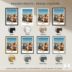 Rabat Morocco Minaret Skyline Wall Art — medina rooftops and a pale minaret in late afternoon sun, shown as framed print colour options