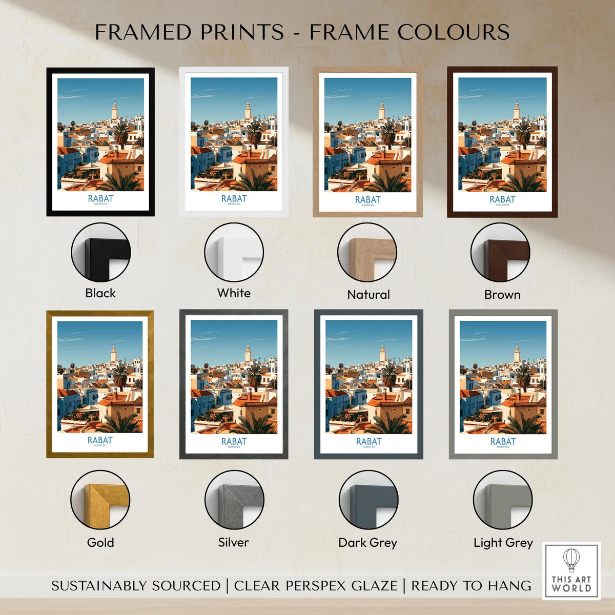 Rabat Morocco Minaret Skyline Wall Art — medina rooftops and a pale minaret in late afternoon sun, shown as framed print colour options