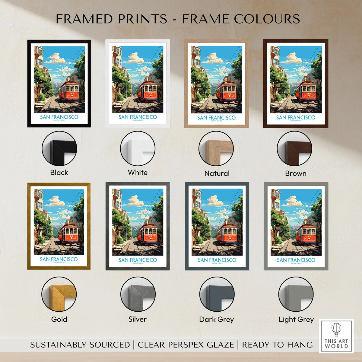 San Francisco Wall Prints framed print frame colour options: black, white, natural, brown, gold, silver, dark grey and light grey