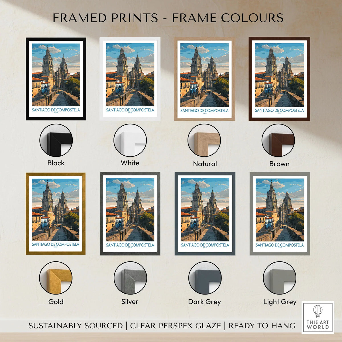 Santiago de Compostela Pilgrimage End Art Print | Cathedral Facade Poster framed print frame colour options: black, white, natural, brown, gold, silver, dark grey and light grey