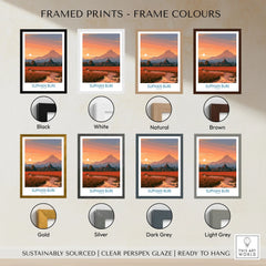 Suphan Buri Thailand Temple Sunset Wall Art — a lotus-covered lake and temple spire at sunset beneath a mountain peak, shown as framed print colour options
