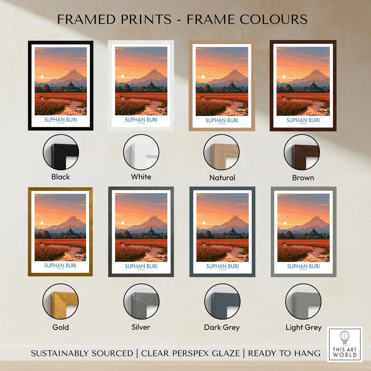 Suphan Buri Thailand Temple Sunset Wall Art — a lotus-covered lake and temple spire at sunset beneath a mountain peak, shown as framed print colour options