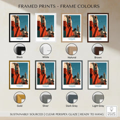 Tangier Morocco Crescent Moon Wall Art — coral kasbah steps climbing towards a minaret under a crescent moon, shown as framed print colour options