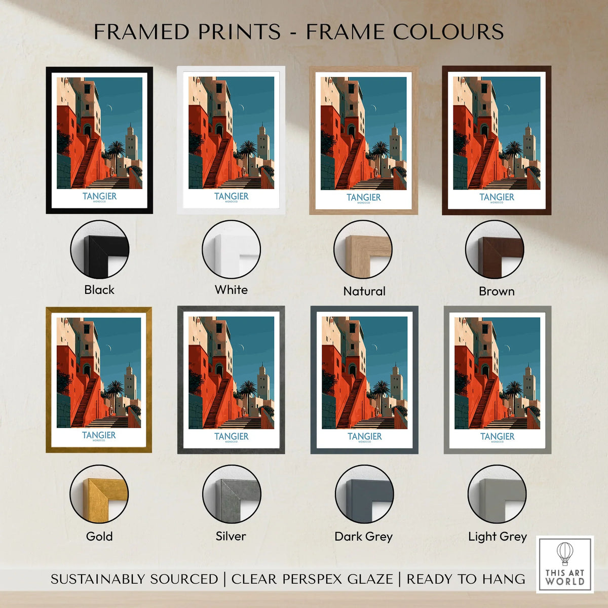 Tangier Morocco Crescent Moon Wall Art — coral kasbah steps climbing towards a minaret under a crescent moon, shown as framed print colour options