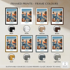 Tangier Morocco Sailboats and Rooftops Wall Art — Tangier medina rooftops and a minaret above a bay dotted with sails, shown as framed print colour options