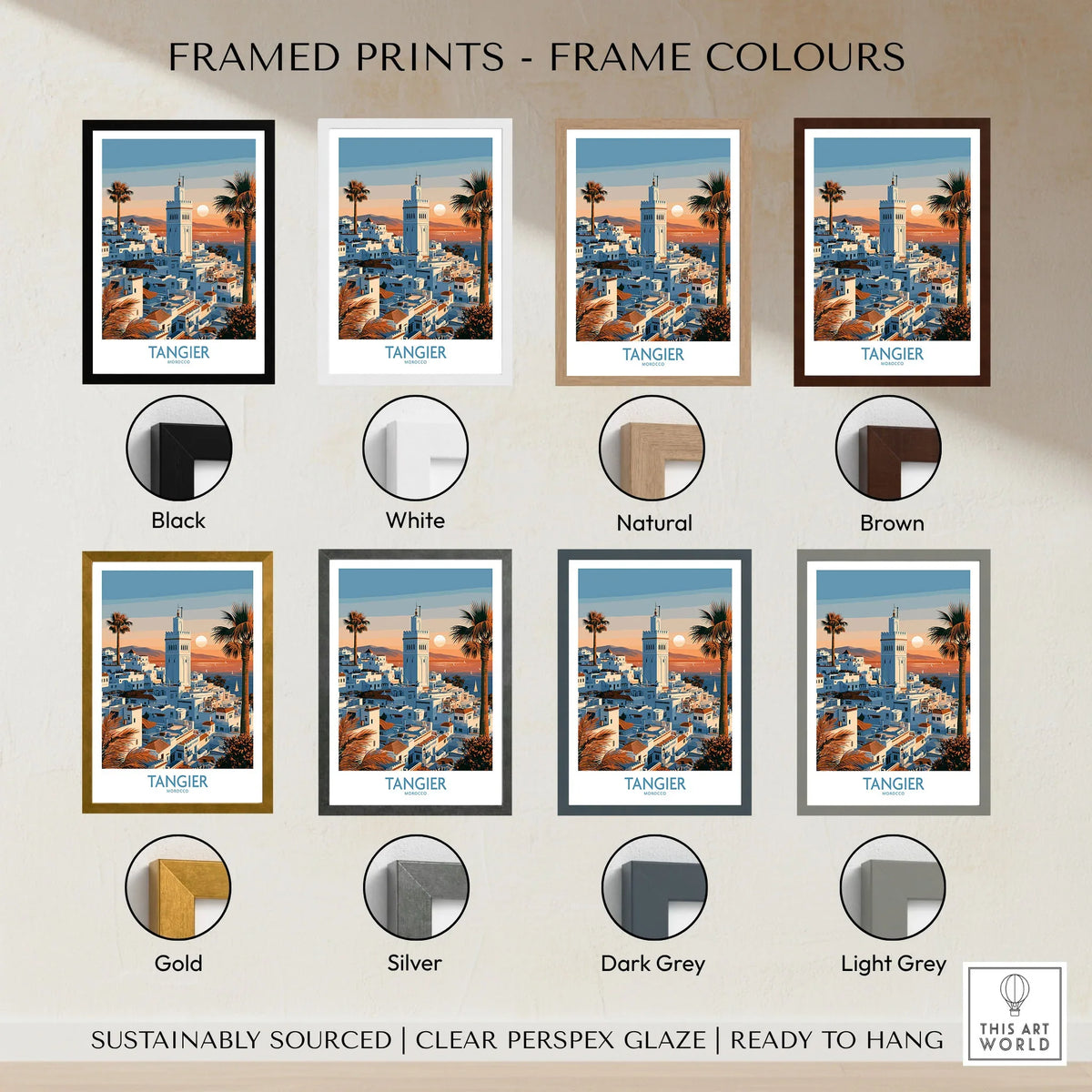 Tangier Morocco Sailboats and Rooftops Wall Art — Tangier medina rooftops and a minaret above a bay dotted with sails, shown as framed print colour options