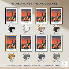 Tangier Morocco Coastal Sunset Wall Art — a whitewashed hillside town and minaret glowing above the sea at sunset, shown as framed print colour options