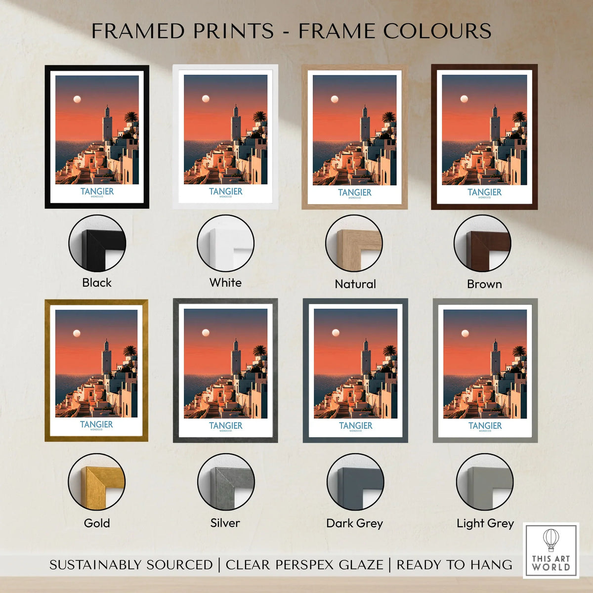 Tangier Morocco Coastal Sunset Wall Art — a whitewashed hillside town and minaret glowing above the sea at sunset, shown as framed print colour options