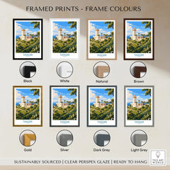 Tangier Morocco Lighthouse Gardens Wall Art — the Cap Spartel lighthouse above palm gardens and the blue strait, shown as framed print colour options
