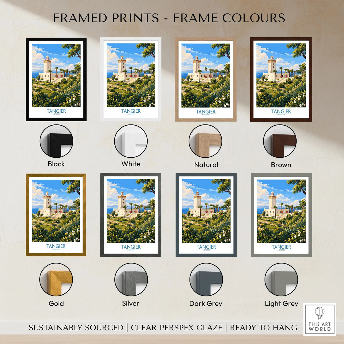 Tangier Morocco Lighthouse Gardens Wall Art — the Cap Spartel lighthouse above palm gardens and the blue strait, shown as framed print colour options