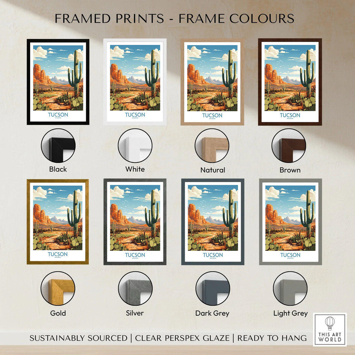 Tucson Arizona Wall Art framed print frame colour options: black, white, natural, brown, gold, silver, dark grey and light grey