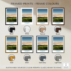 Turnberry Scotland Ayrshire Dusk Wall Art — Ailsa Craig and the white lighthouse across rolling coastal turf at dusk, shown as framed print colour options