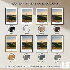 Turnberry Scotland Rocky Shore Wall Art — the Turnberry lighthouse above a rocky shore with the Arran hills beyond, shown as framed print colour options