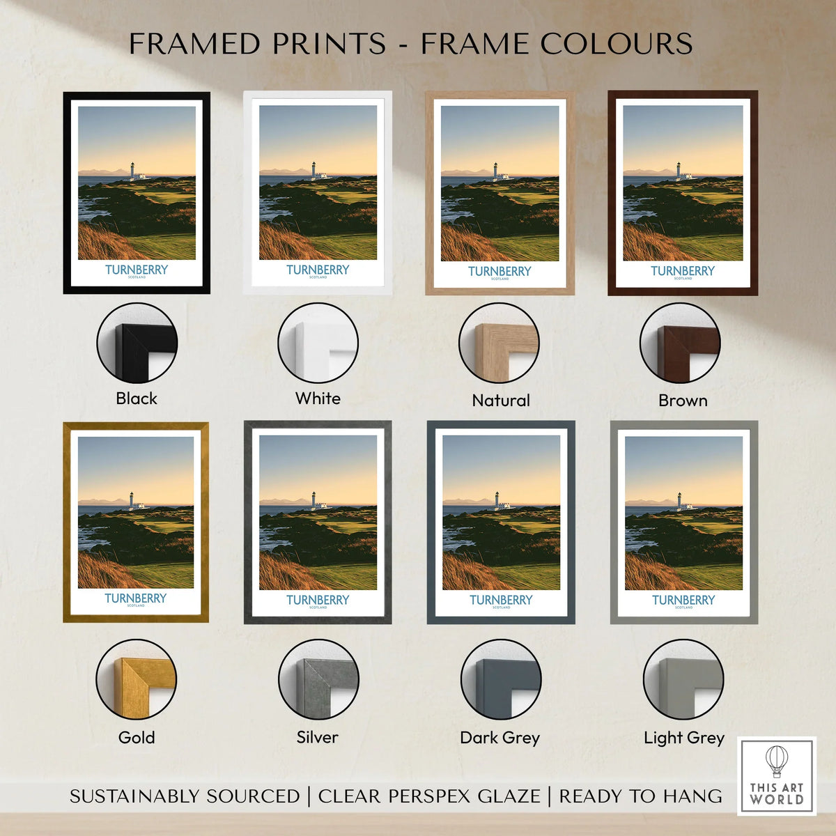 Turnberry Scotland Rocky Shore Wall Art — the Turnberry lighthouse above a rocky shore with the Arran hills beyond, shown as framed print colour options