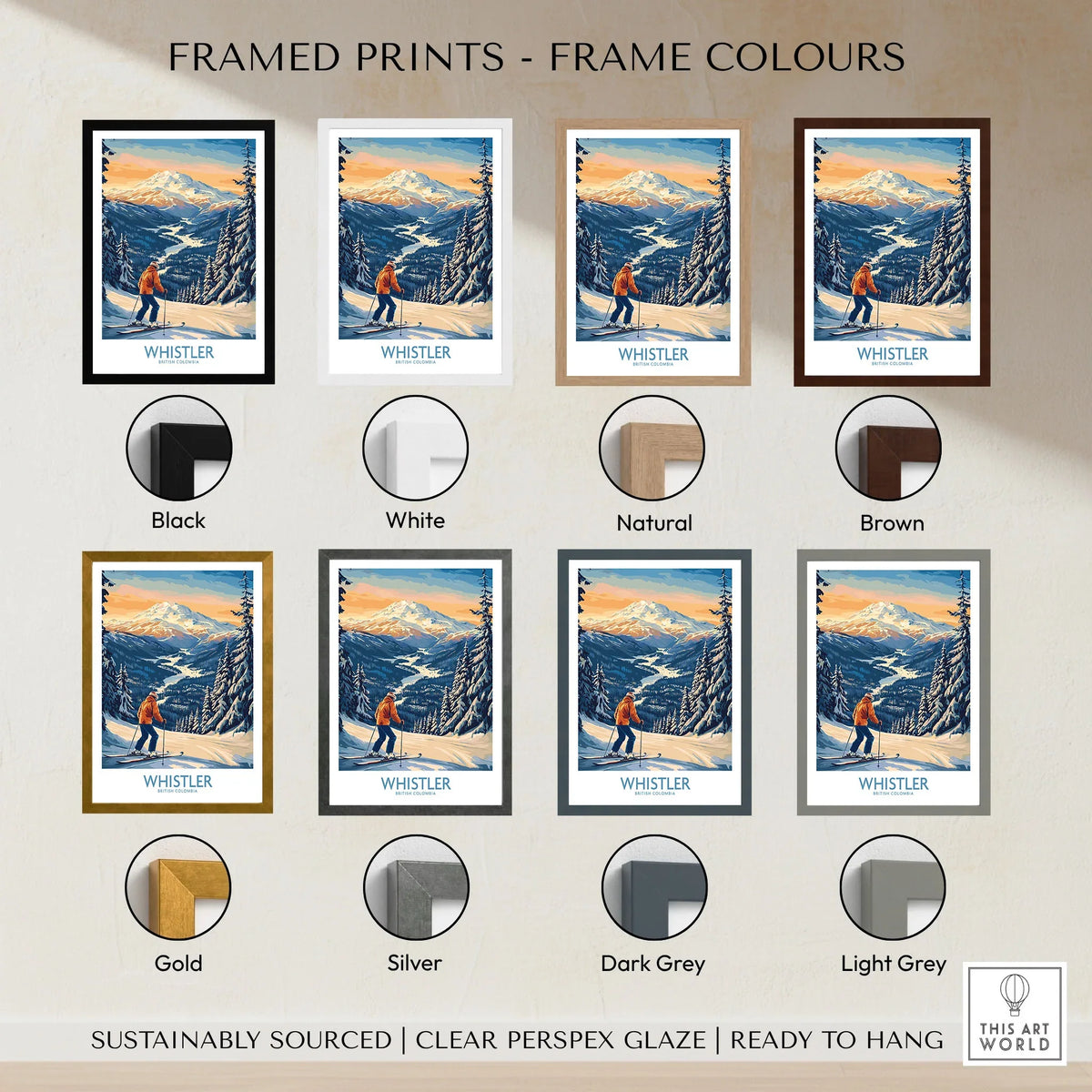 Whistler Ski Print - British Columbia framed print frame colour options: black, white, natural, brown, gold, silver, dark grey and light grey
