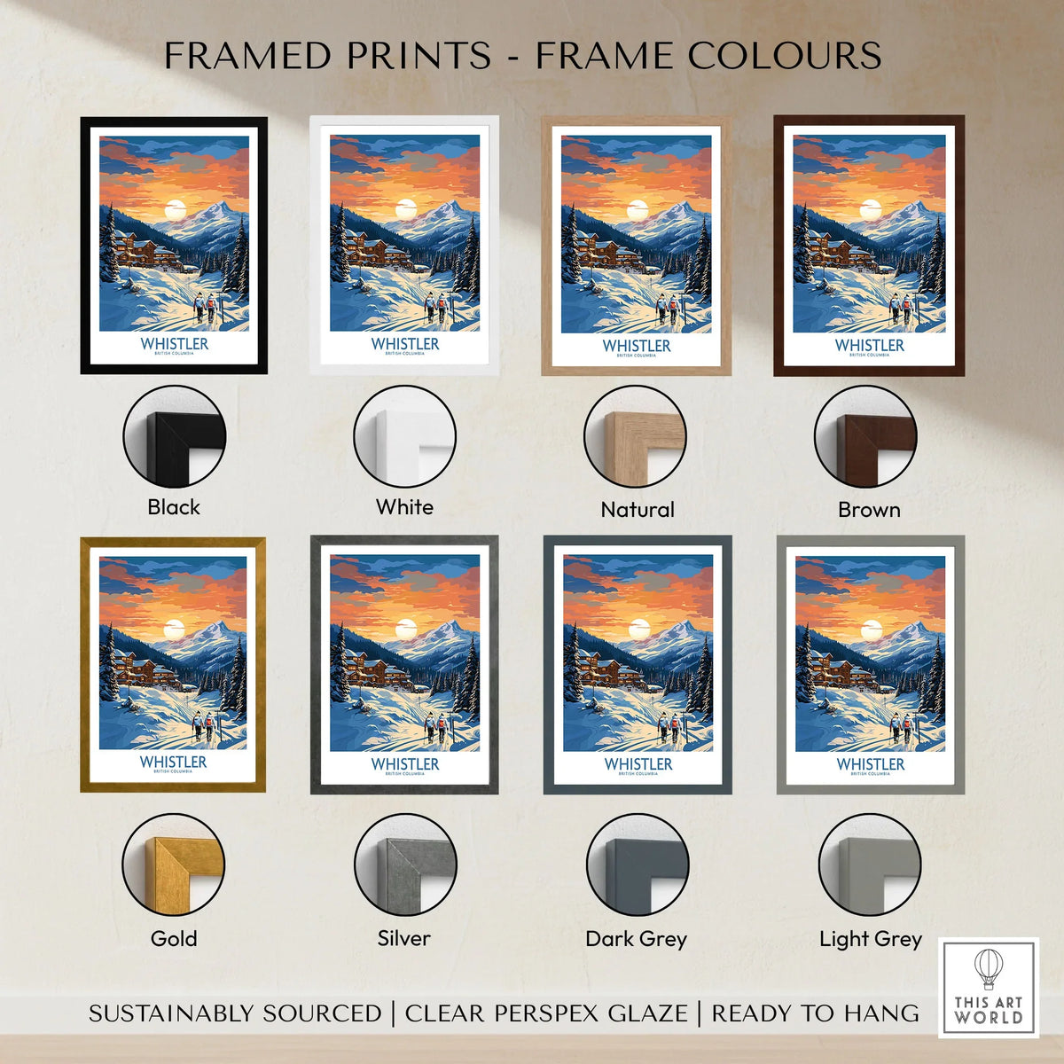 Whistler Print framed print frame colour options: black, white, natural, brown, gold, silver, dark grey and light grey