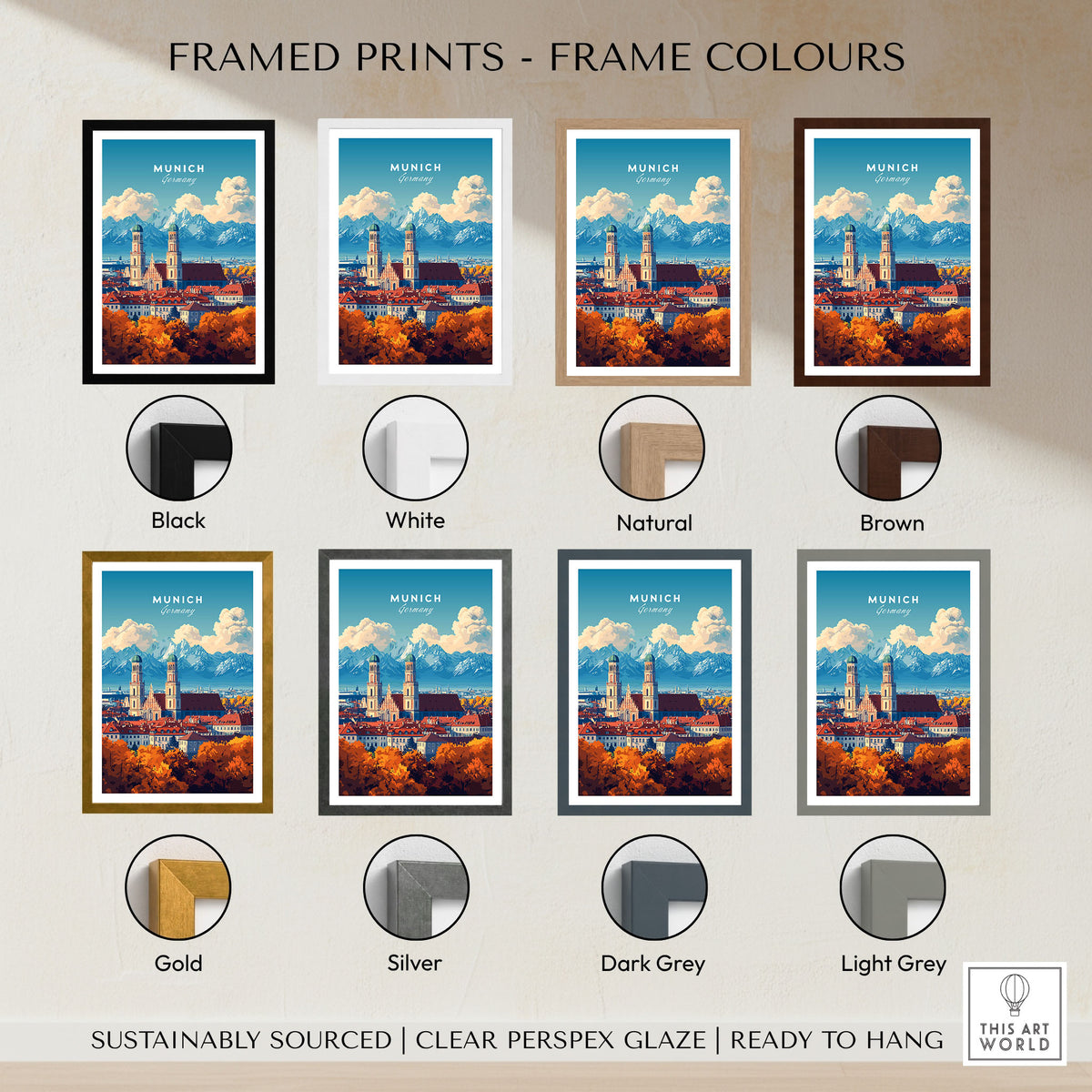 Munich Travel Print framed print frame colour options: black, white, natural, brown, gold, silver, dark grey and light grey