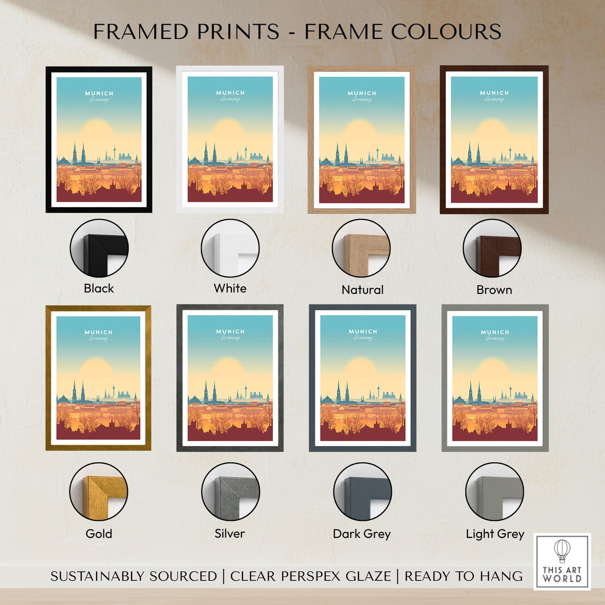 Munich Wall Art framed print frame colour options: black, white, natural, brown, gold, silver, dark grey and light grey