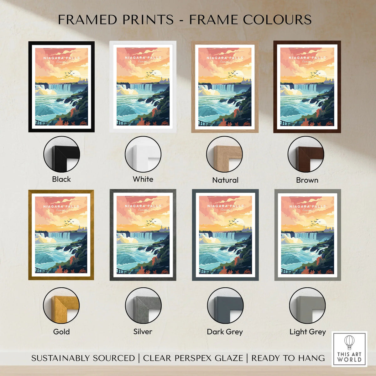 Niagara Falls Print framed print frame colour options: black, white, natural, brown, gold, silver, dark grey and light grey