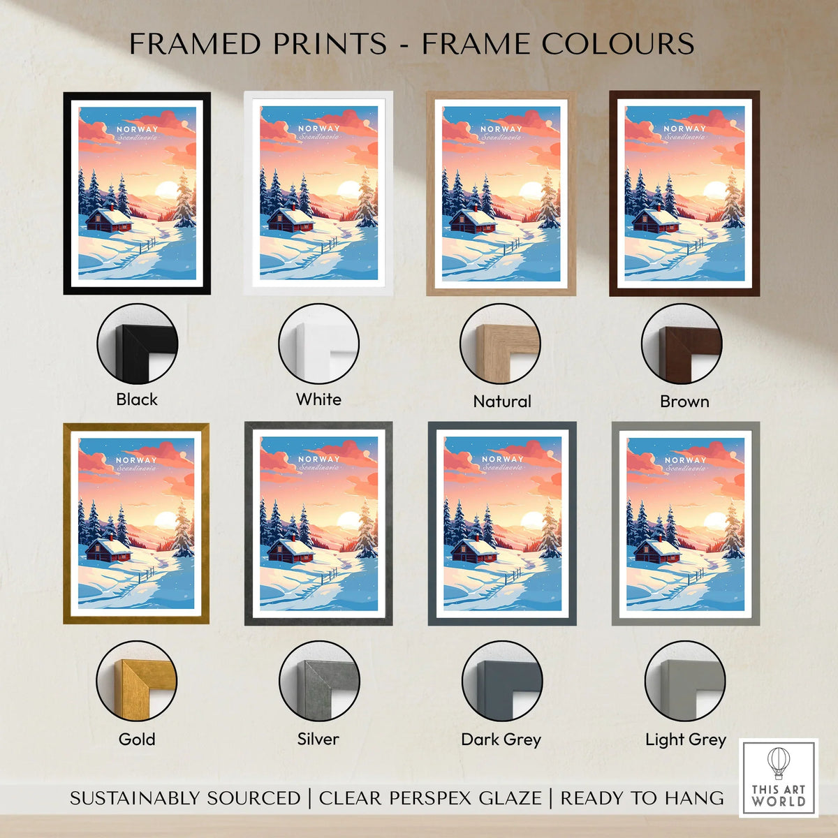 Norway Art Print framed print frame colour options: black, white, natural, brown, gold, silver, dark grey and light grey