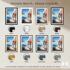 Paros Travel Poster framed print frame colour options: black, white, natural, brown, gold, silver, dark grey and light grey