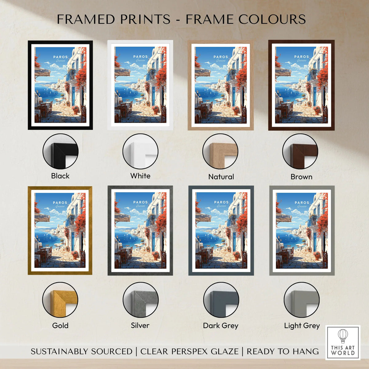 Paros Travel Poster framed print frame colour options: black, white, natural, brown, gold, silver, dark grey and light grey