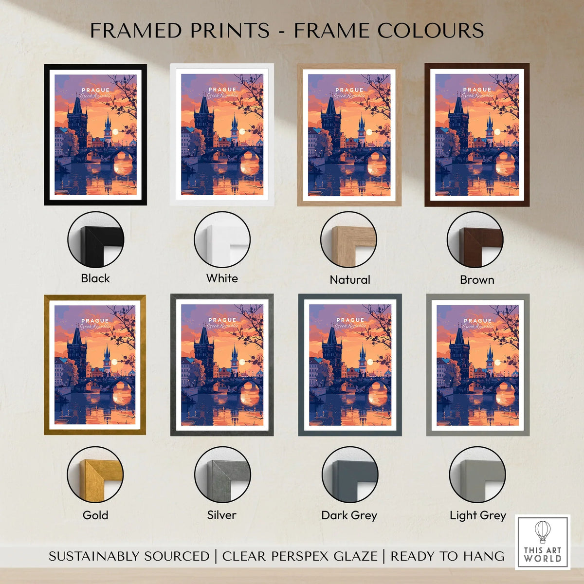 Prague Poster framed print frame colour options: black, white, natural, brown, gold, silver, dark grey and light grey
