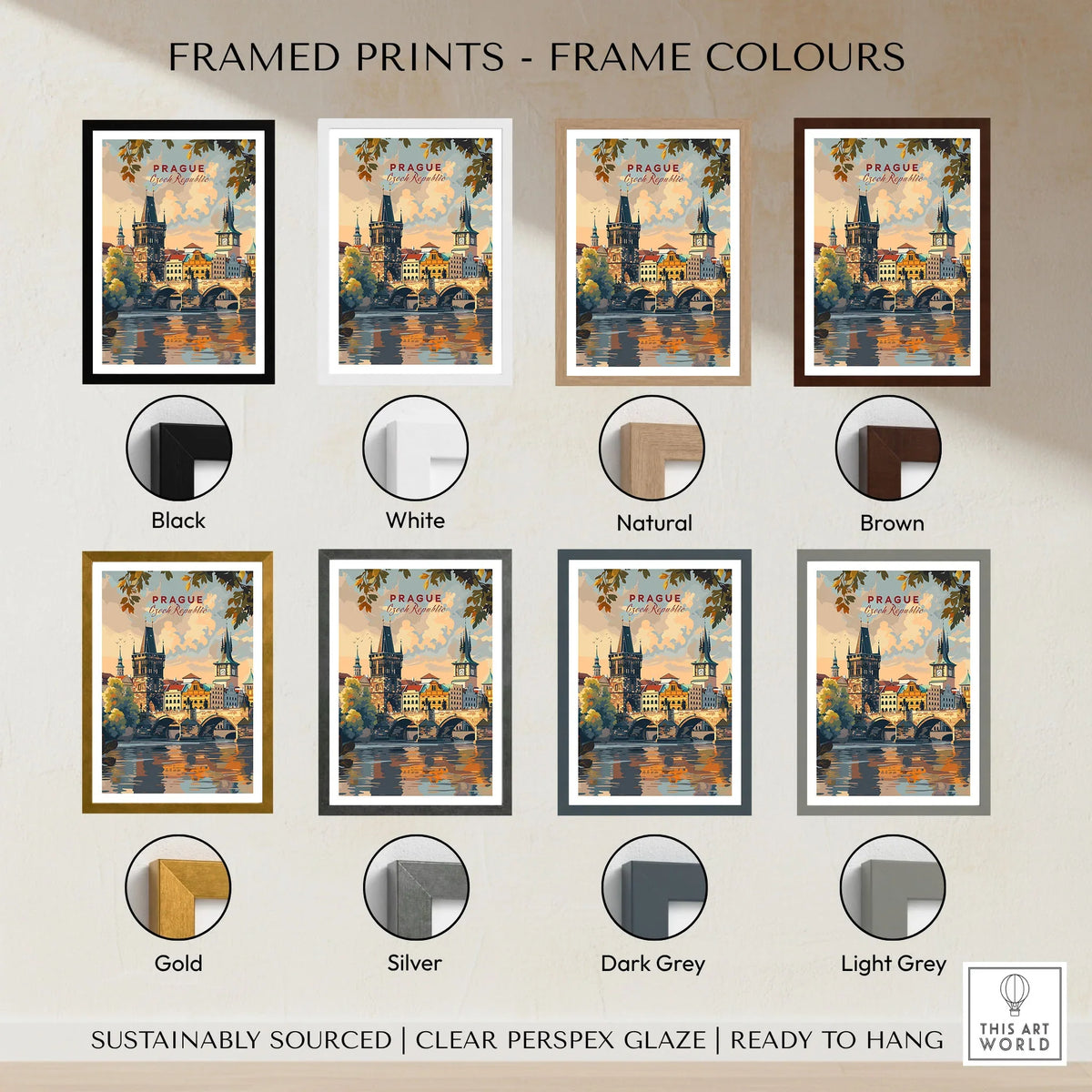 Prague Wall Art framed print frame colour options: black, white, natural, brown, gold, silver, dark grey and light grey