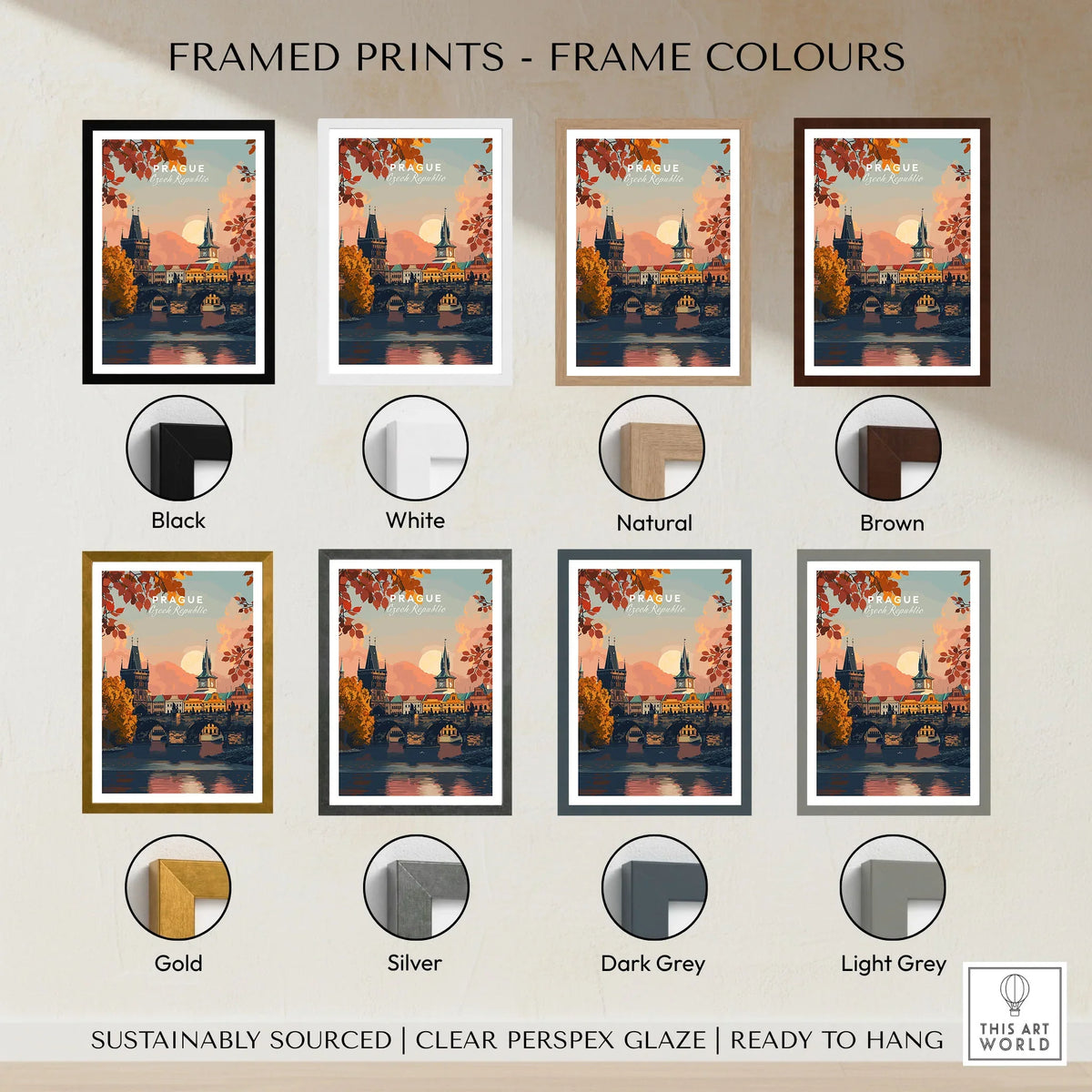 Prague Art Print framed print frame colour options: black, white, natural, brown, gold, silver, dark grey and light grey