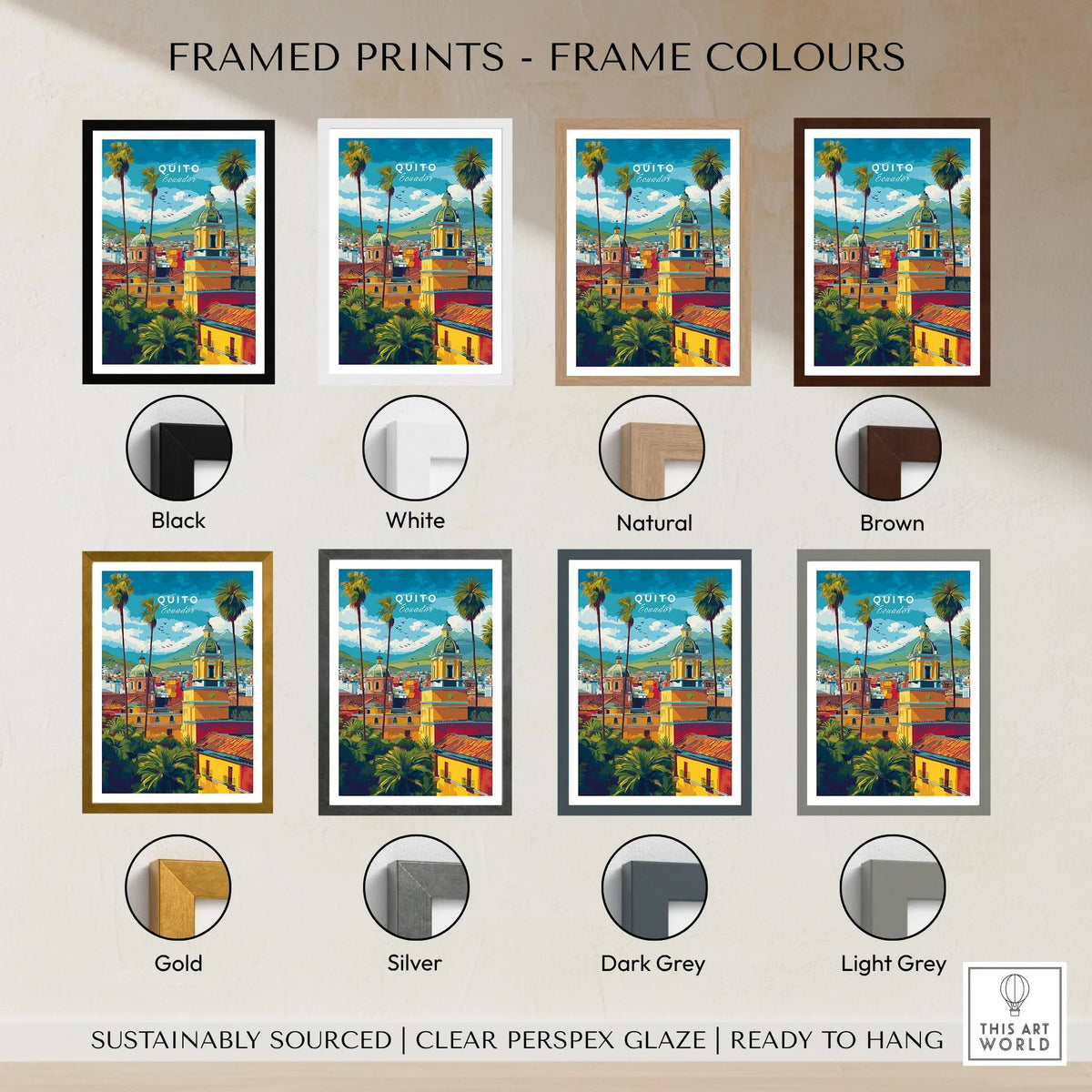Quito Ecuador Travel Poster Cityscape Print Churches Palm Trees Andes Wall Art Decor framed print frame colour options: black, white, natural, brown, gold, silver, dark grey and light grey