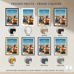 Rabat Morocco Medina Rooftops Travel Poster — medina rooftops and a pale minaret in late afternoon sun, shown as framed print colour options