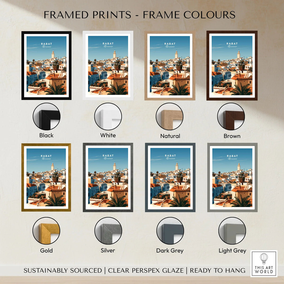 Rabat Morocco Medina Rooftops Travel Poster — medina rooftops and a pale minaret in late afternoon sun, shown as framed print colour options