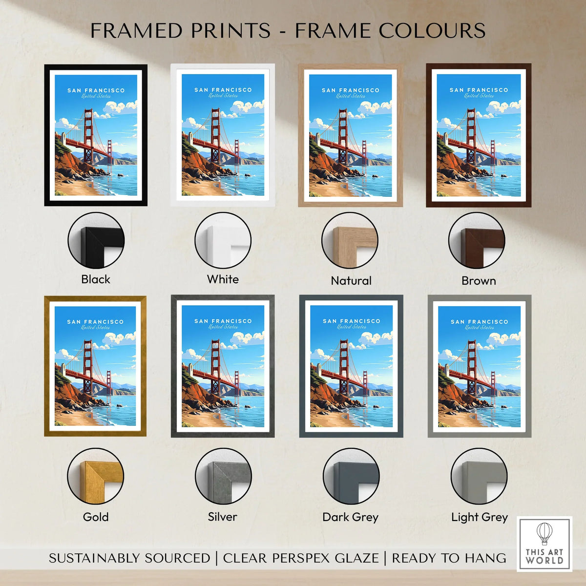 San Francisco Print framed print frame colour options: black, white, natural, brown, gold, silver, dark grey and light grey