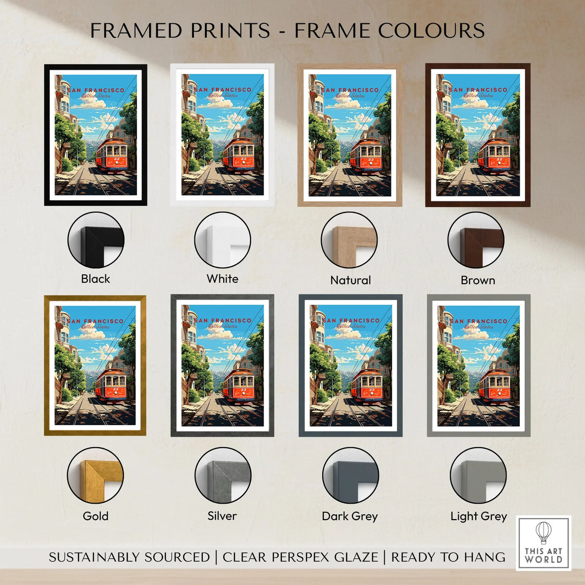 San Francisco Wall Art framed print frame colour options: black, white, natural, brown, gold, silver, dark grey and light grey