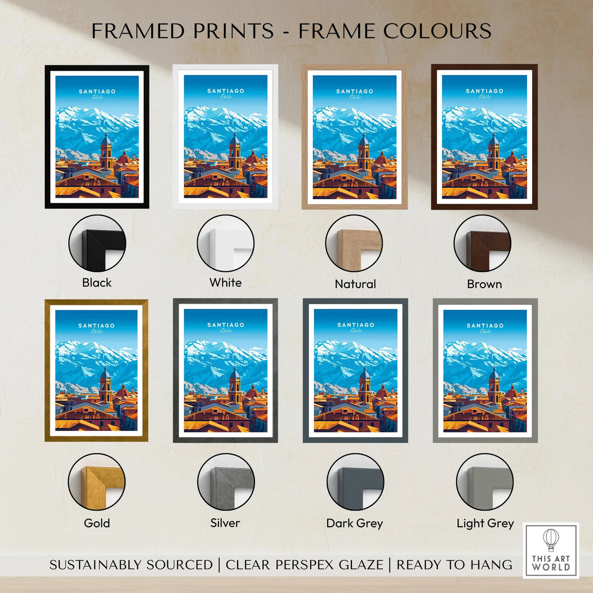 Santiago Travel Print - Chile Poster framed print frame colour options: black, white, natural, brown, gold, silver, dark grey and light grey