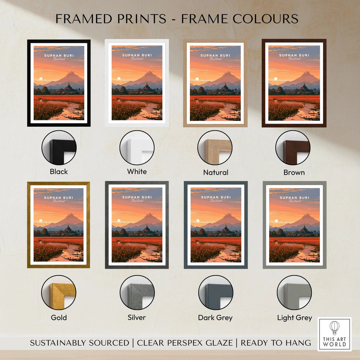 Suphan Buri Thailand Lotus Lake Travel Poster — a lotus-covered lake and temple spire at sunset beneath a mountain peak, shown as framed print colour options