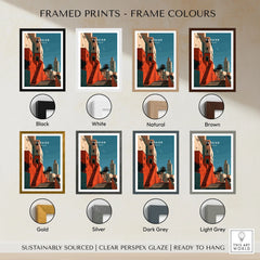Tangier Morocco Kasbah Steps Travel Poster — coral kasbah steps climbing towards a minaret under a crescent moon, shown as framed print colour options